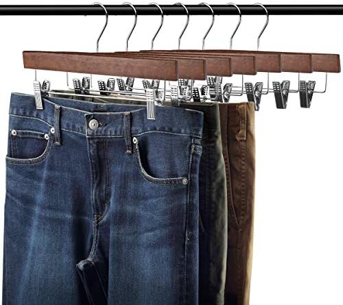 AMKUFO 20pcs Wooden Pants Hangers Solid Pants Hangers with Adjustable Clips 14 Inch Walnut Wood Skirt Hangers Trousers Bottom Hanger with Non-Slip Clips and 360° Swivel Hook