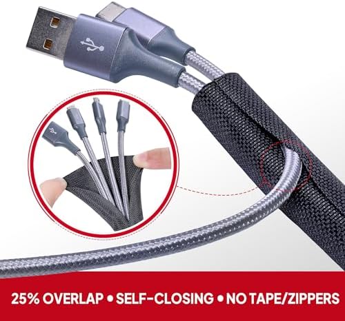 Black Braided Cable Management Sleeves Wire Loom Tubing Cord Protector Self-Wrapping (3/8"-20Feet)