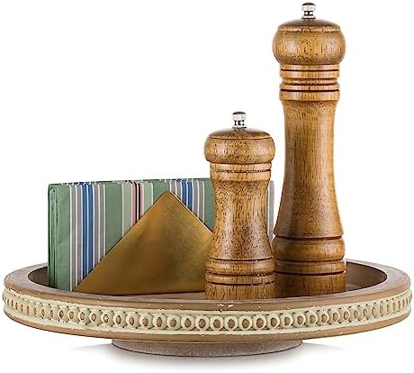 Hanobe Lazy Susan Centerpiece Tray, Round Wooden Turntable Organizer, Brown