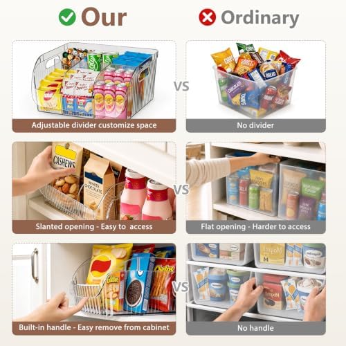3 Pack Adjustable Dividers Storage Bins, Clear Pantry Organizers Boxes Set