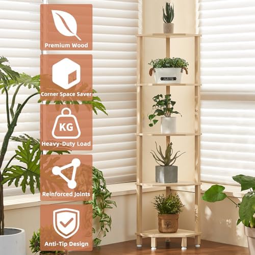 YUFAM 5-Tier Corner Shelf, Natural