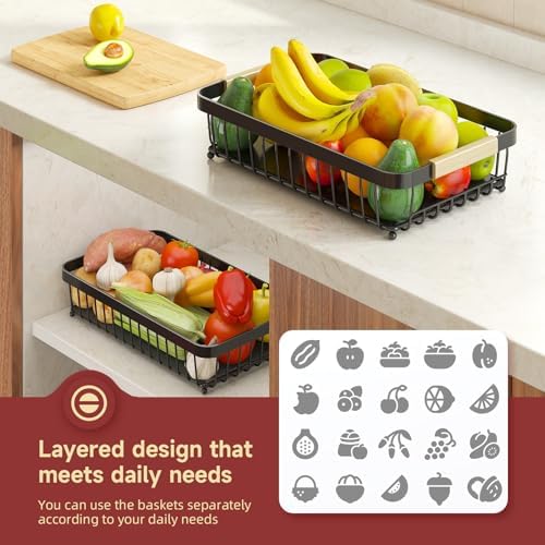 Sevenblue 3-Tier Fruit Basket with Banana Hangers, Detachable Metal Bowl