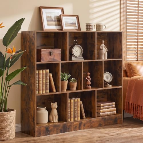 YAHARBO 3 Tier 10 Cube Long Horizontal Bookshelf, Under Window Shelf,White