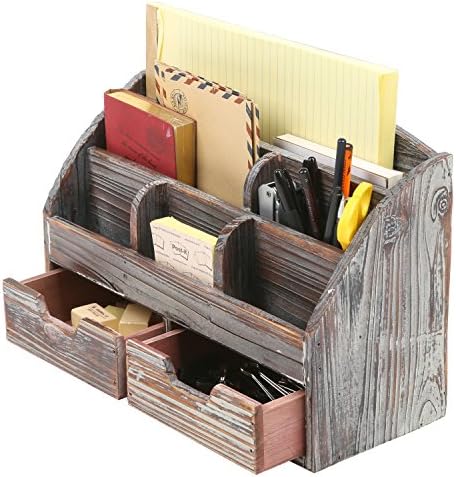MyGift Office Supply Organizer with Drawers, Torched Wood Desktop Storage