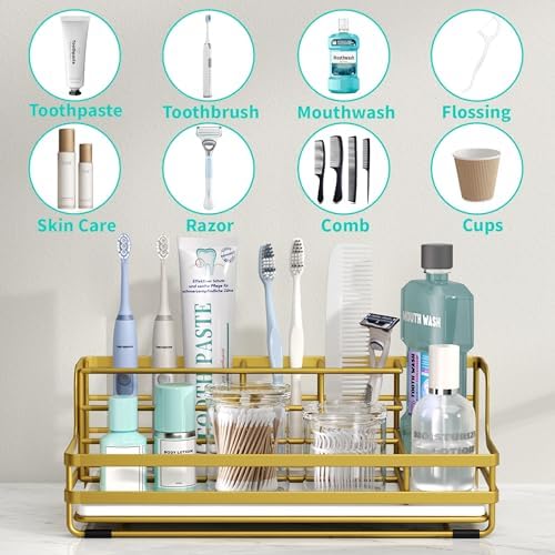 HapiRm Toothbrush Holders for Bathroom - 5 Partitions Bathroom Counter Organizer with Instant Drying Stone, Stainless St