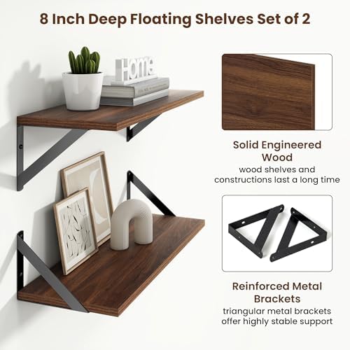Axeman 20 Inch Floating Shelves, 8 Inch Deep Walnut Wall Shelves Set of 2