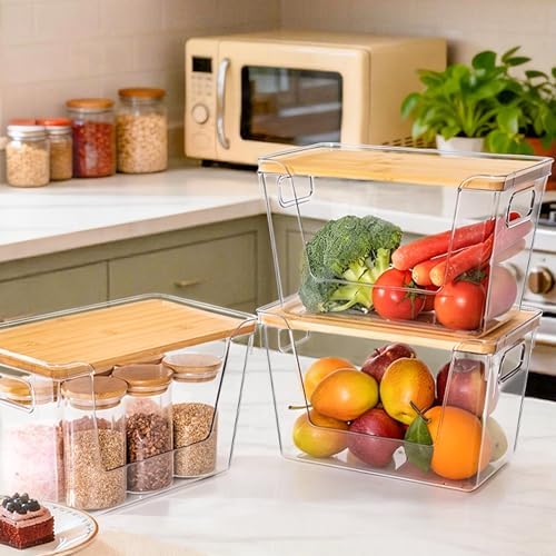 Criusia 3 Set Pantry Organizers and Storage with Bamboo Lids, Stackable Clear Bins for Onion, Potato, Fruit, Vegetables,