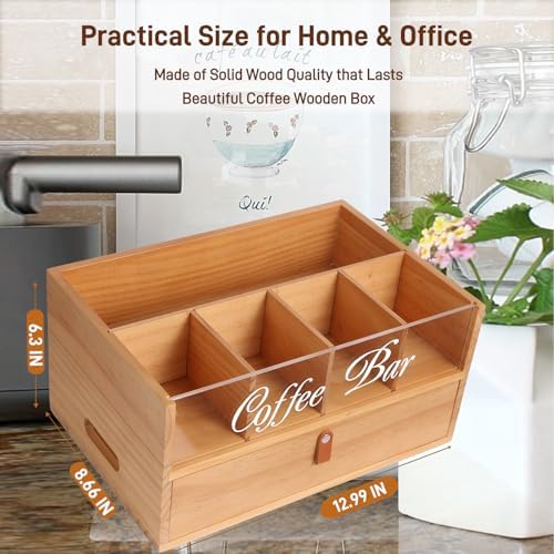 2-Tier Coffee Bar Organizer with Clear Acrylic Top, Built-in Drawer and Leather Handle Pull for Countertop, Stylish Coff
