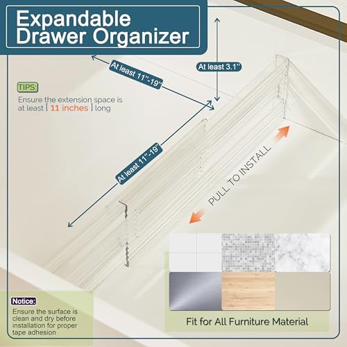 8 Pack Clear Drawer Dividers - 3.1'' Height, 11-19'' Adjustable Drawer Separators, Expandable Dresser Organizers in Bedr