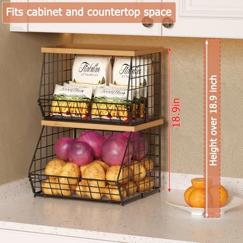 2 Set Stackable Wire Basket with Wooden Tops & Pad for kitchen organizers and storage, XXL Kitchen Counter Organizer for