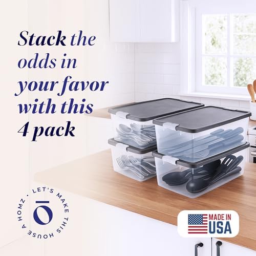 HOMZ Secure Latch, Clear Plastic Storage Organizer Bins, 15 Quart, 4 Pack
