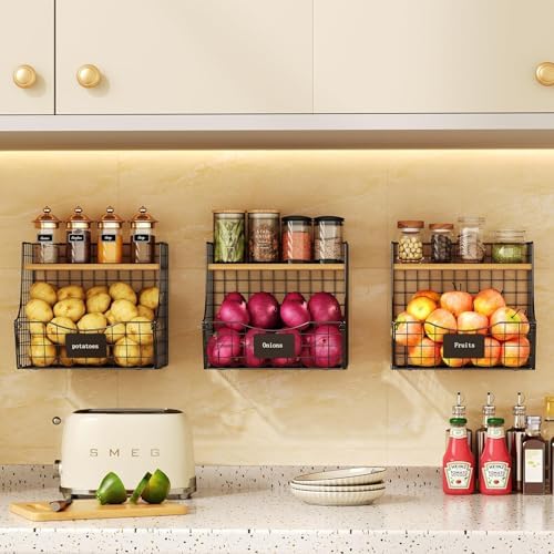 3 Pack wire Fruit Basket for Kitchen with Wood Lid - Counter&Wall Mounted Onion and Potato Storage with Nameplate, Hangi