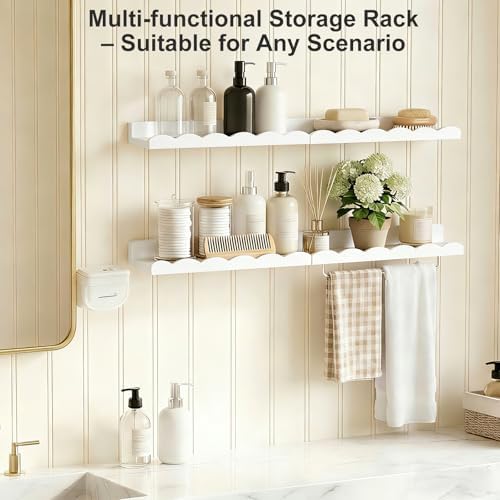 Fixwal Nursery Shelves, 16.5 Inch Floating Bookshelves for Wall Set of 4, Scalloped Wall Book Shelves with Towel Rack fo