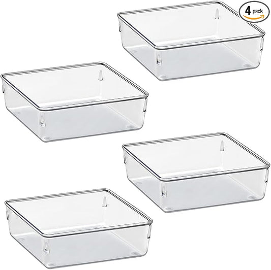 Acrimet Drawer Organizer Modular, Box Tray Storage Bins for Office, Home, Makeup, Kitchen, Junk Drawer ( 4 Pieces) (Clear Crystal Plastic)