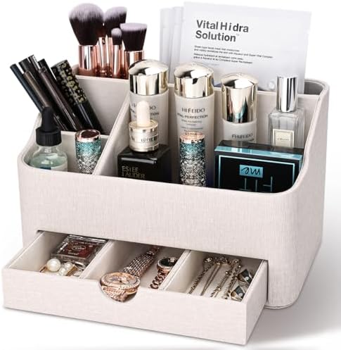 KINGFOM Leather Makeup Organizer with Drawer, Cosmetic Storage for Dresser Countertop and Bathroom Vanity, Beauty Holder