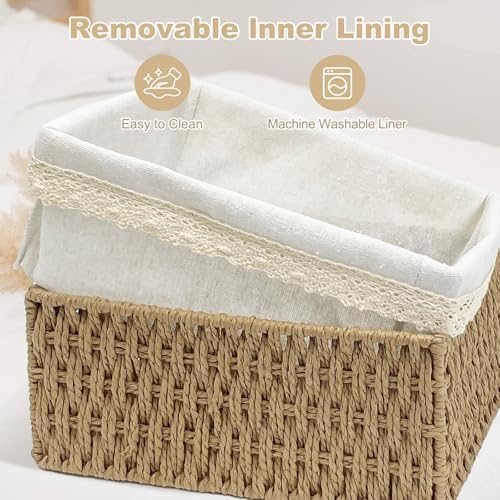 Wicker Storage Baskets, Handwoven Paper Rope Organizer Bins with Removable Floral Liner, Large for Bathroom, Pantry, She
