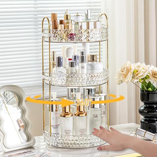 Large Capacity Rotating Makeup Organizer Perfume Stand Holder, 3 Tier Clear