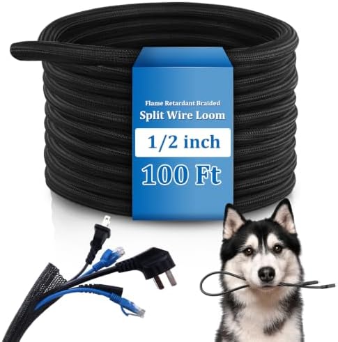 Pangda 100 ft Split Wire Loom Tubing Cable Sleeve Cord Protector, 1/2 Inch