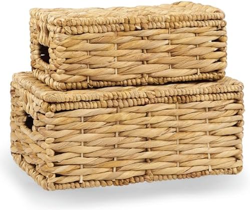 84ECO Set of 2 Wicker Baskets with Lid - Decorative Storage Boxes for Home Decor, Shelves - Woven Basket with Lid - Wicker Decor - Rattan Box - Decorative Bins with Lids (Natural)