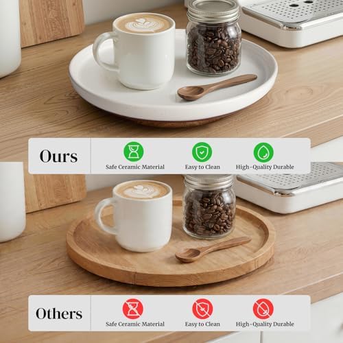 Ceramic Lazy Susan Turntable Organizer, 10.3 Inch Round Rotating Tray with Acacia Wood Base, White Speckled Glazed Spice
