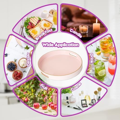 Gifturbo Matte Pink Decorative Serving Tray,Round Serving Trays with Handles, Coffee Table Tray Ottoman Round Plastic Tr