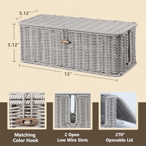 Cable Management Box, Cord Organizer with Lid & Cable Ties - Gray, M