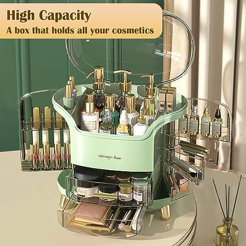 Makeup & Skincare Organizer Box for Countertop with Lid & Drawers, Green