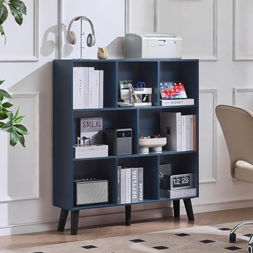 LEYAOYAO 8 Cube Bookshelf,Mid-Century Modern Book Shelf with Legs,Dark Blue