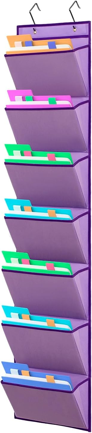 Wall Mounted File Holder Over Door Hanging Mail Organizer Document Storage Bag for Papers Magazines and Books (7 POCKETS-PURPLE)