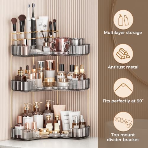 BEFSOP Corner Bathroom Counter Organizer, Upgraded 3-Tier Makeup Organizer Countertop with Makeup Brush Holder, Skincare