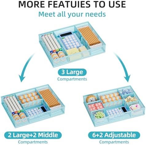 Marbrasse 2 Pack Desk Drawer Organizer, Mesh Drawer Organizer Tray with 8 Adjustable Compartments, Desk Organizers and Accessories, 5 Dividers Drawer for Office Supplies, Makeup & Vanity (Blue)