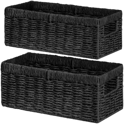 Vagusicc Wicker Storage Basket, Set of 2 Hand-Woven Paper Rope Wicker Baskets for Organizing Decor Storage Bins for Coun