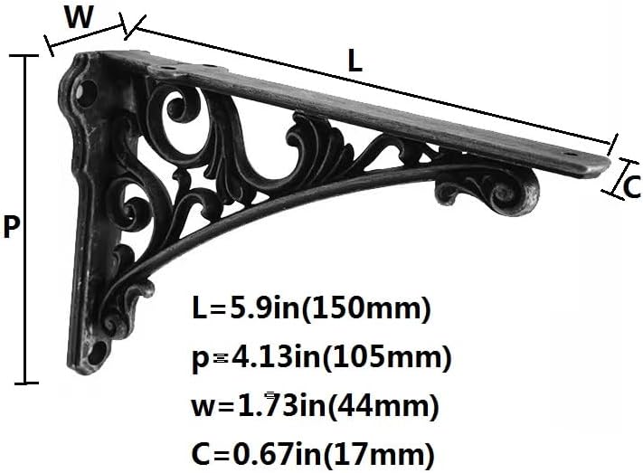 Decorative Shelf Bracket 6 inch, Rustic Black Iron Brackets for Shelving, Heavy Duty Vintage, DIY Projects, Hardware Inc