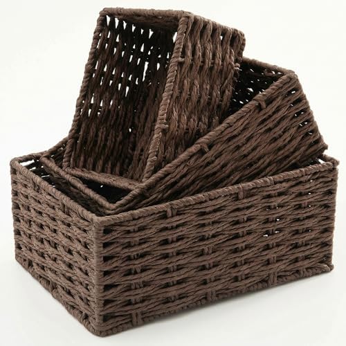 Small Wicker Basket for Organizing, Woven Storage Basket Set of 3 - Handwoven Natural Paper Rope Baskets to Declutter An