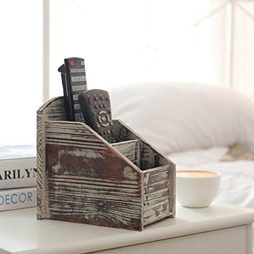 MyGift Torched Wood Remote Control Holder, 3-Compartment Tabletop Organizer