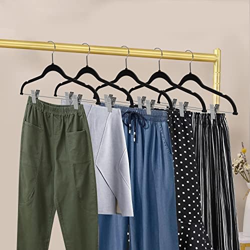 Quality Plastic 20-Pack - Non Velvet Non-Flocked Thin Compact Coat Hangers with Metal Clips for Skirts Pants Blouses - 360° Swivel Hook (Black, 20)
