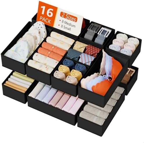 DIMJ Drawer Organizers Clothes, Set of 16 Dresser Organizer Bins, Fabric Closet Organizers and Storage, Shallow Drawer D