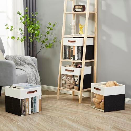 Bagnizer Storage Cubes, 4 Pack Linen Foldable Storage Bins (13 x 13 inch) with Clear Window and Handles, Fabric Organizer for Shelf Closet, Clothes, Books - (Black and White)