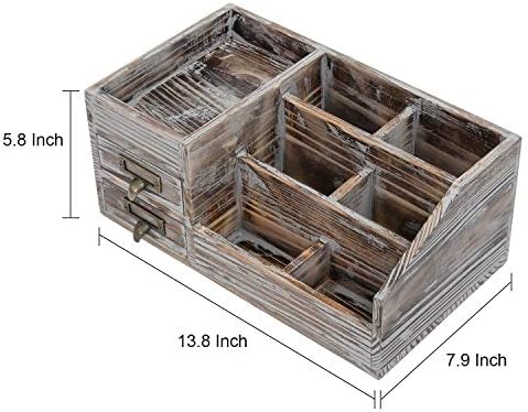 Liry Products Rustic Torched Wooden Desktop Organizer Dark Brown Tabletop Storage Cabinet Stepped Rack Multiple Compartments 2 Tier Drawers Makeup Accessory Sorter Display Box Home Office Supplies