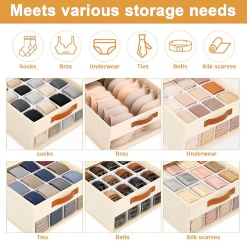 Minimalist Home DIY Underwear Drawer Organizer-Dustproof Sock Organizer with 6pcs Drawer Divider Adjustable Cream White 