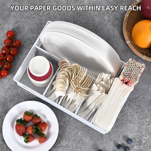 VIKEYHOME Paper Plate Organizer, Metal Silverware Caddy, White