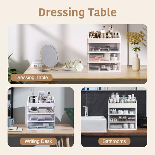 Makeup Organizer - Cosmetic Storage with 3 Drawers & Top Compartments - Durable PET ABS - White