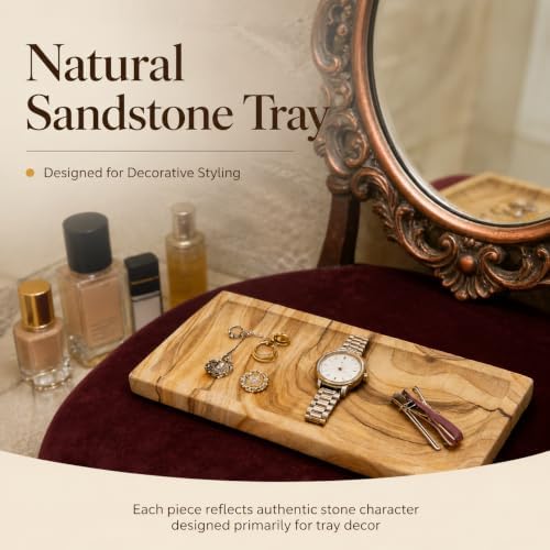 Sandstone Tray for Bathroom Countertop, Rectangular Stone Decorative Tray, Vanity Tray for Makeup, Perfume, Skincare, Je