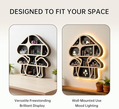 Mushroom Decor Floating Shelves with Lights, Crystal Display Shelf for Wall