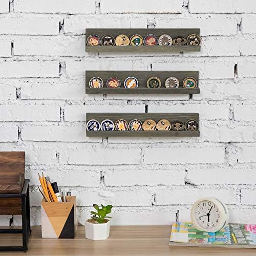 MyGift Set of 3 Wall Mounted Gray Wood Challenge Coin Display Shelves