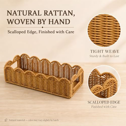 2-Piece Rattan Shelf Storage Baskets, Scalloped Edge Organizer