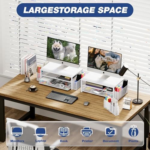 OPNICE Desk Organizer and Accessories, 2-Tier Computer Monitor Stand Riser with Drawer and 2 Pen Holders, Laptop Stand, 