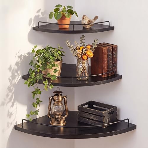 Novabright Corner Floating Shelf Set of 3, Rustic Black Wood 9/10/12 in
