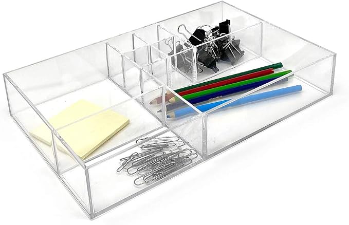Isaac Jacobs 8-Compartment Clear Acrylic Drawer Organizer (13" L x 8.1" W x 2.3" H), Multi-Sectional Tray & Storage Solution for Makeup, School & Office Supplies, Bathroom, Kitchen (Pack of 2)