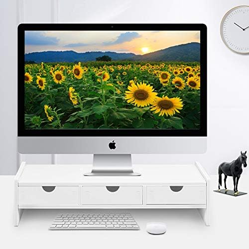 valen Monitor Stand Riser, Computer Laptop Riser Shelf with 3 Organizer Drawers (White, 19.5" L x 7.5" W x 4.7" H) (Whit